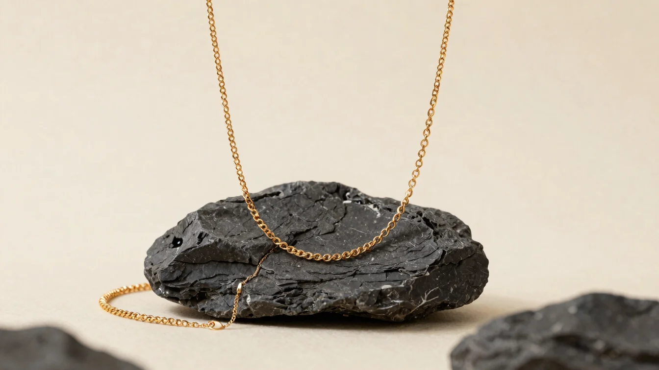 Close studio view of a champagne gold necklace draped over a char