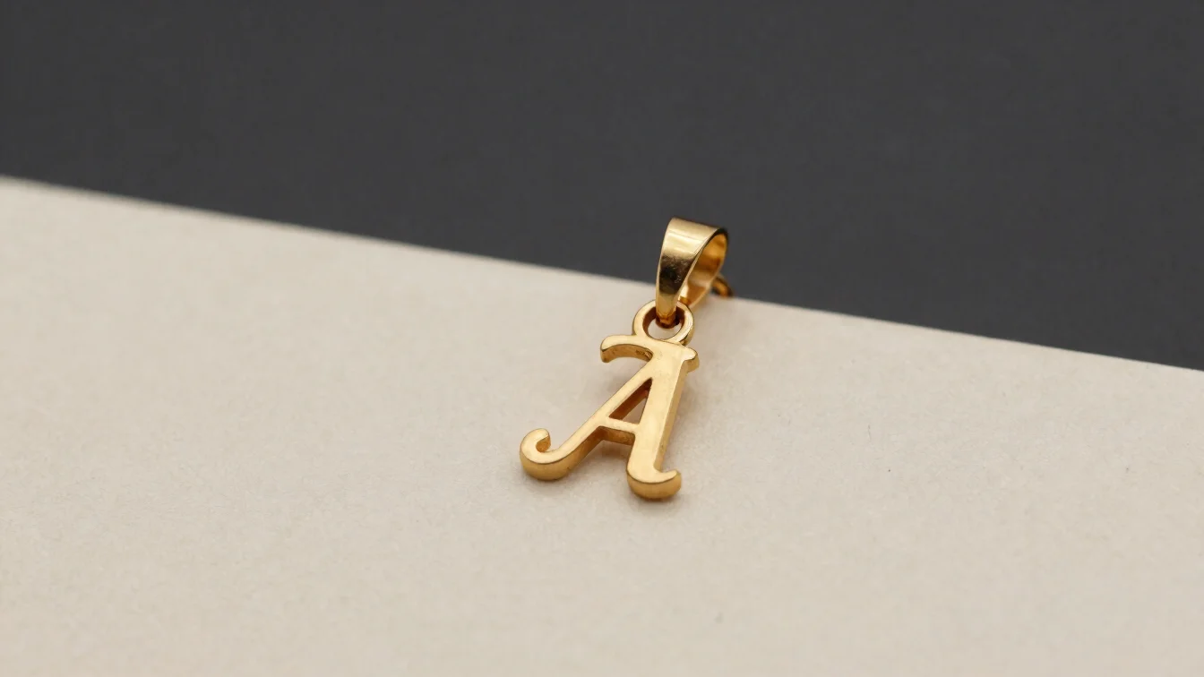 Macro photograph of a small gold initial pendant on an ivory surf