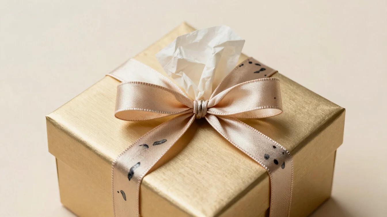 Soft overhead view of a champagne gold gift box with a ribbon, iv