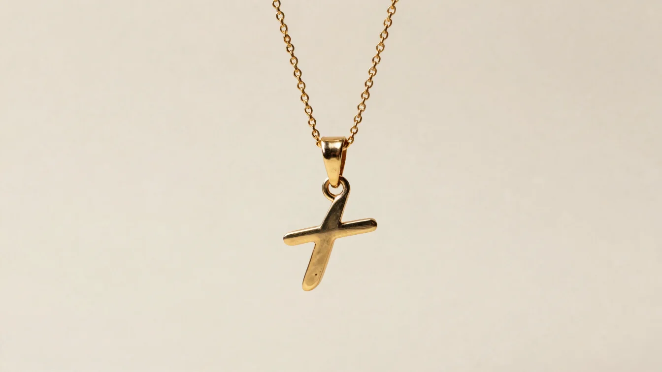 Close studio view of a gold initial pendant on a fine chain, ivory background, soft diffused light
