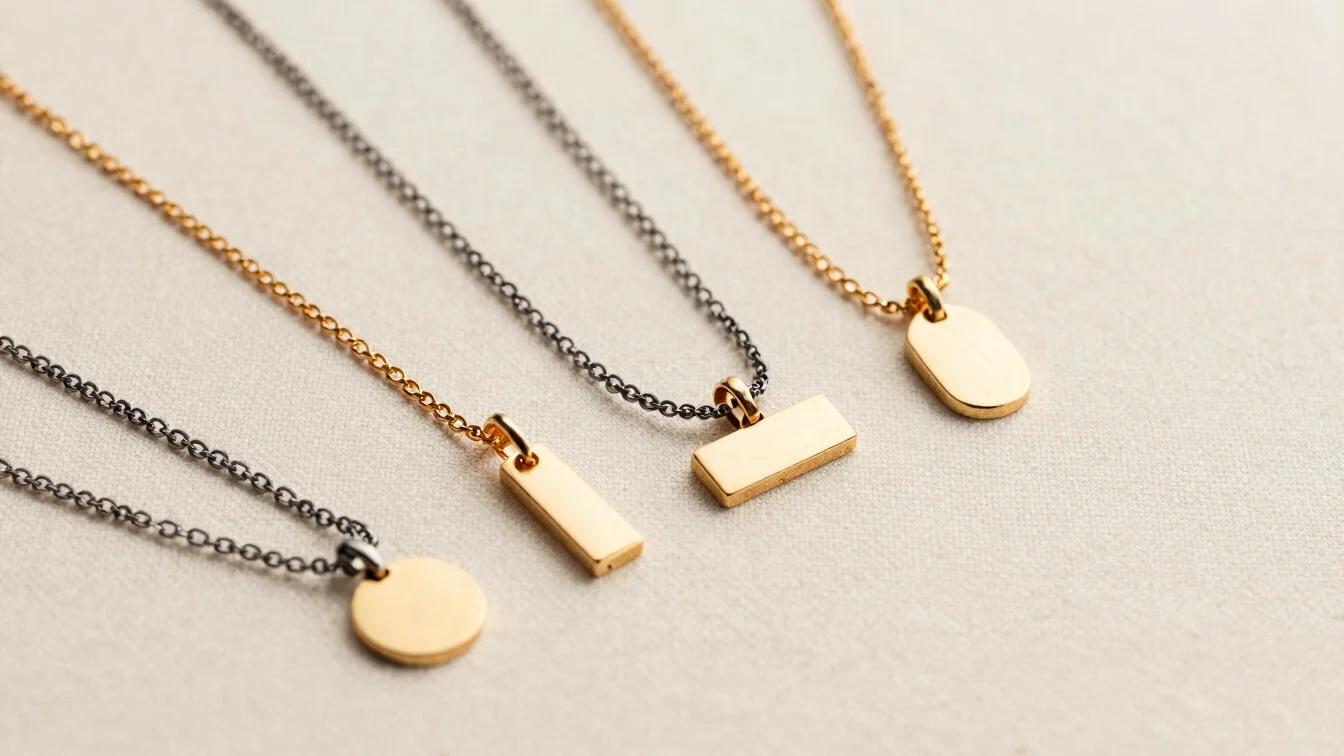 Macro detail of several gold nameplate necklaces arranged on ivory linen, soft even light, charcoal accents