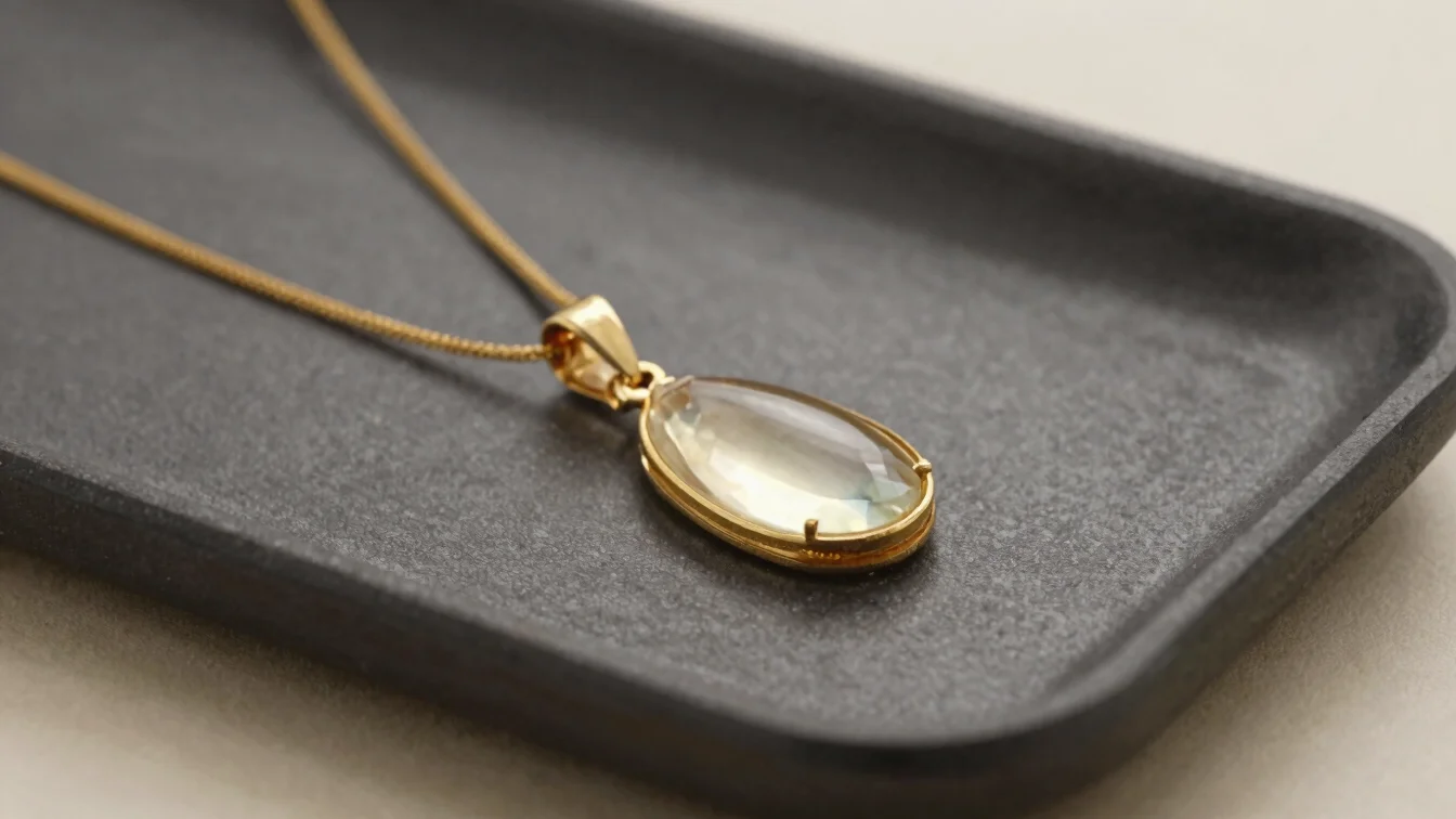 Close-up of a champagne gold pendant on a charcoal tray, controlled highlights on the polished surface