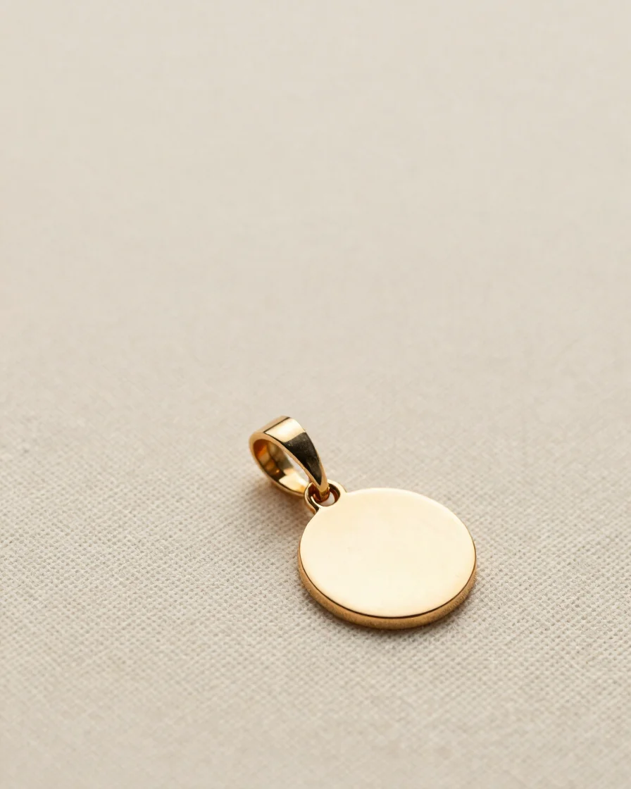Macro studio photograph of a champagne gold personalized pendant